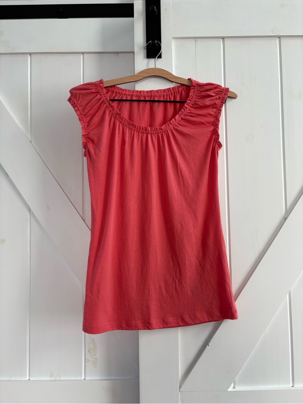 Ann Taylor LOFT Coral Pink Ruffle Sleeve Feminine Cotton Scoop Neck Top